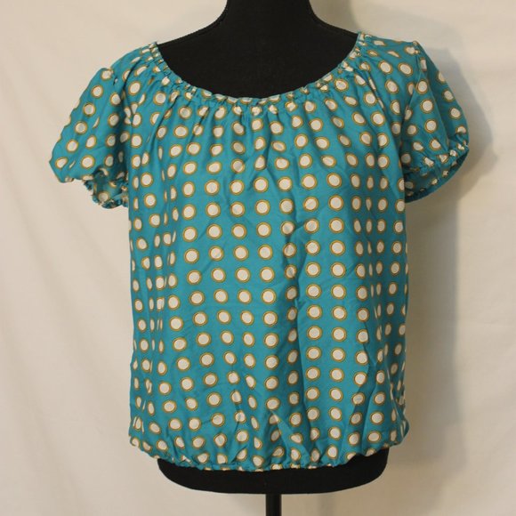 PETITE WOMAN GREEN WITH WHITE POLKA DOT BLOUSE SIZE XL ELASTIC WAISTLINE BALLOON - Picture 1 of 9